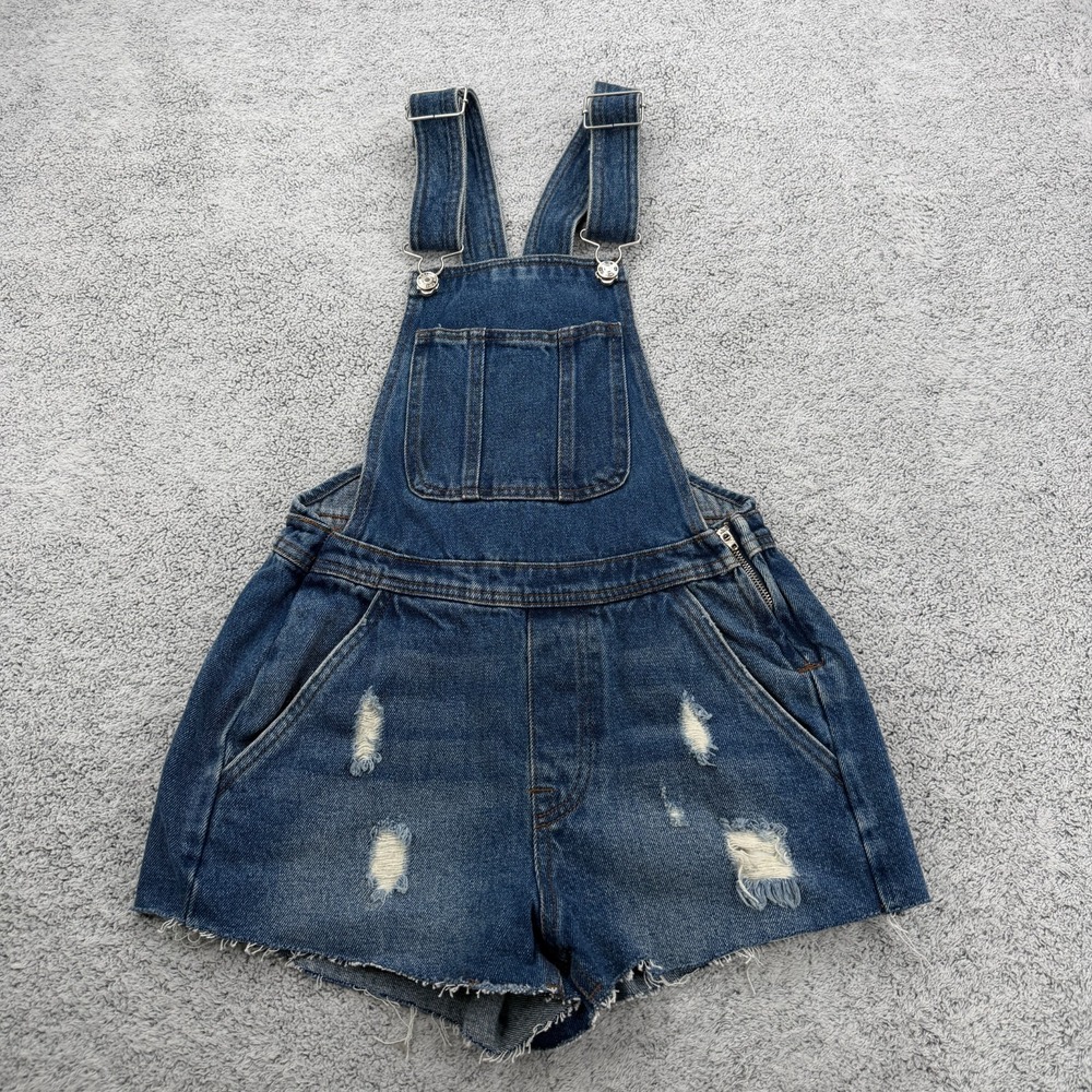 Denim Co Overall Shorts Womens 0 Blue Distressed Suspenders Frayed Hem Dark Wash